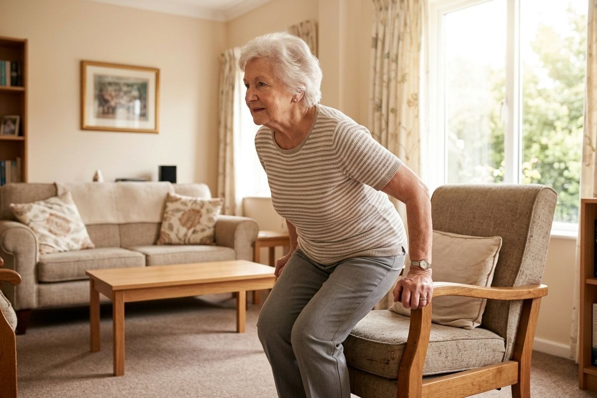Older adult pushing up from an armchair using its arm to stand, in a living room.