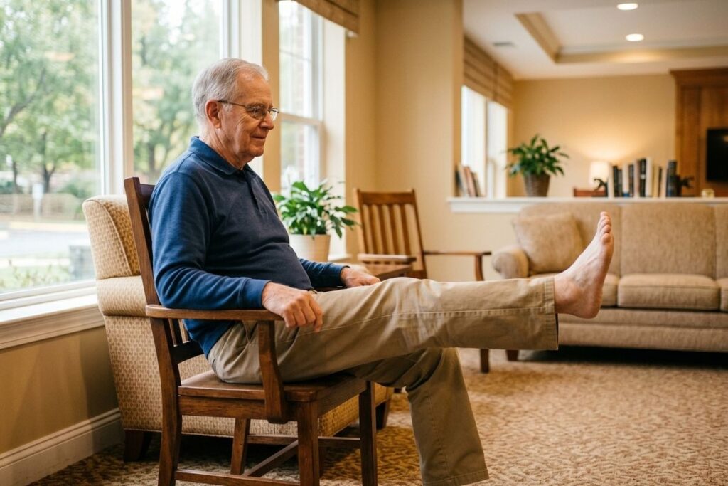 Older adult sitting in a wooden chair, lifting one bare leg straight out, in a bright living room.
