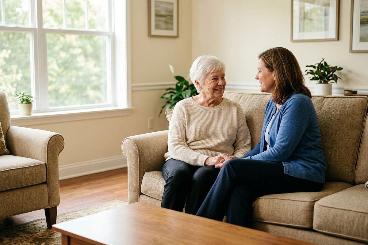 An older adult sits next to their adult child on a beige couch, smiling and clasping hands during a visit to memory care