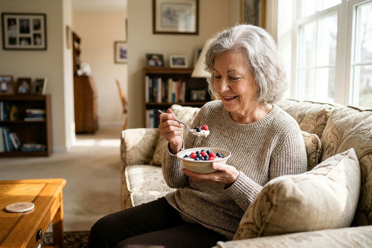 An older adult smiling while eating a bowl of yogurt with berries on a sofa in the living room.