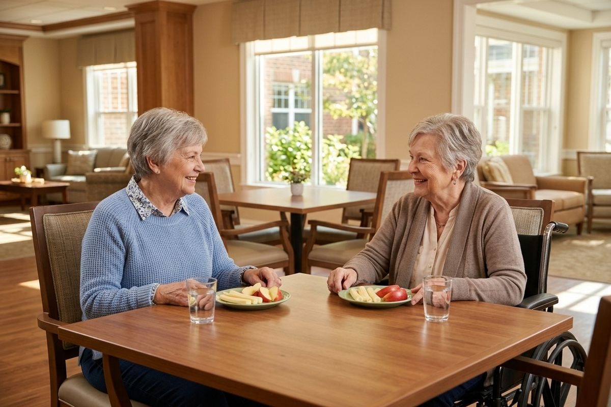 Two older adults smiling at a table with plates of fruit and water in a sunlit room.