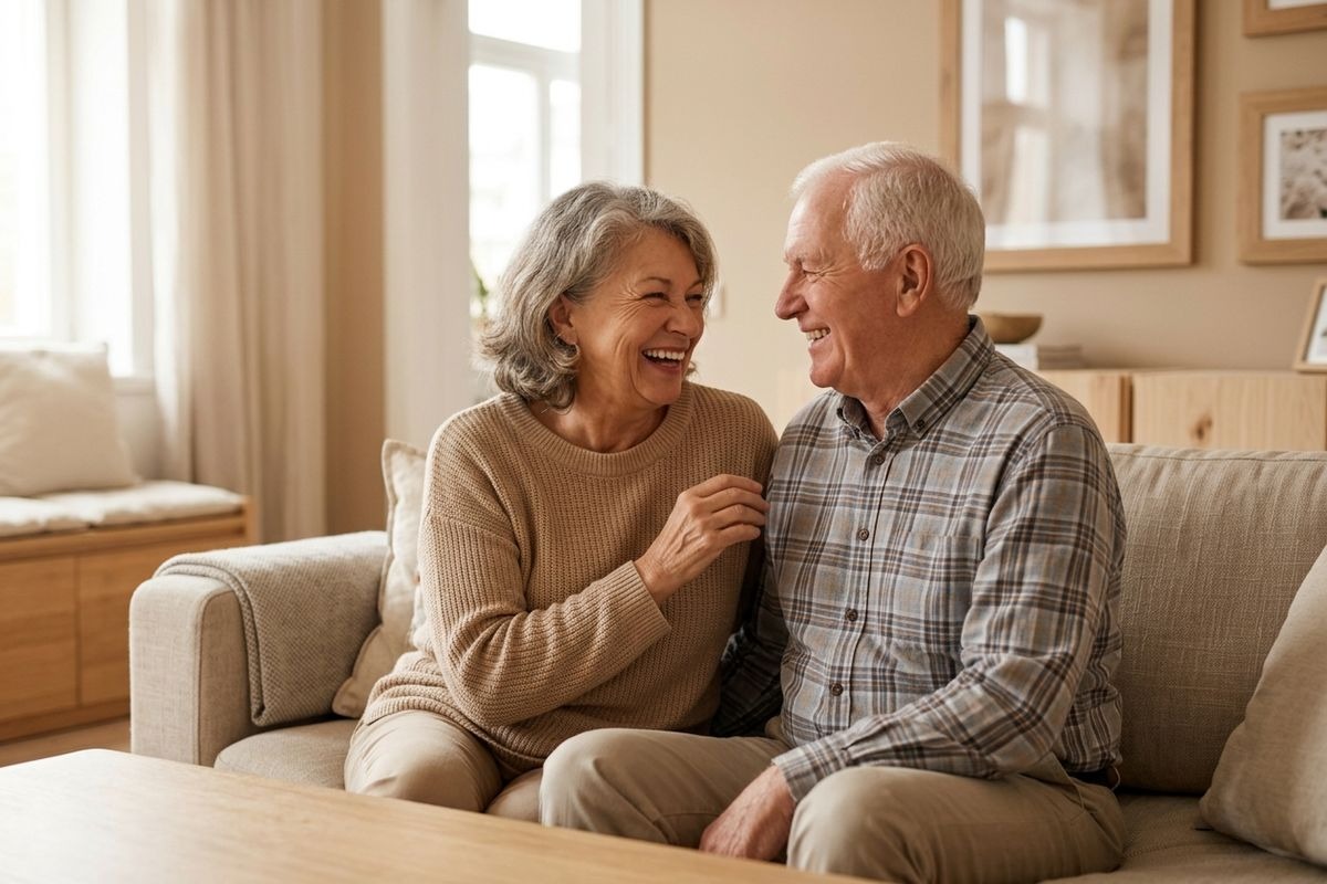 Two older adults sit close together on a sofa, laughing and looking at each other in a bright living room.