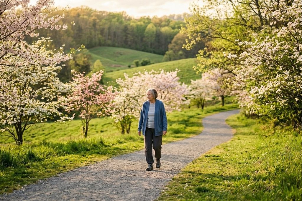 An older adult walks along a gravel path lined with blossoming trees, with green hills in the background.&nbsp;