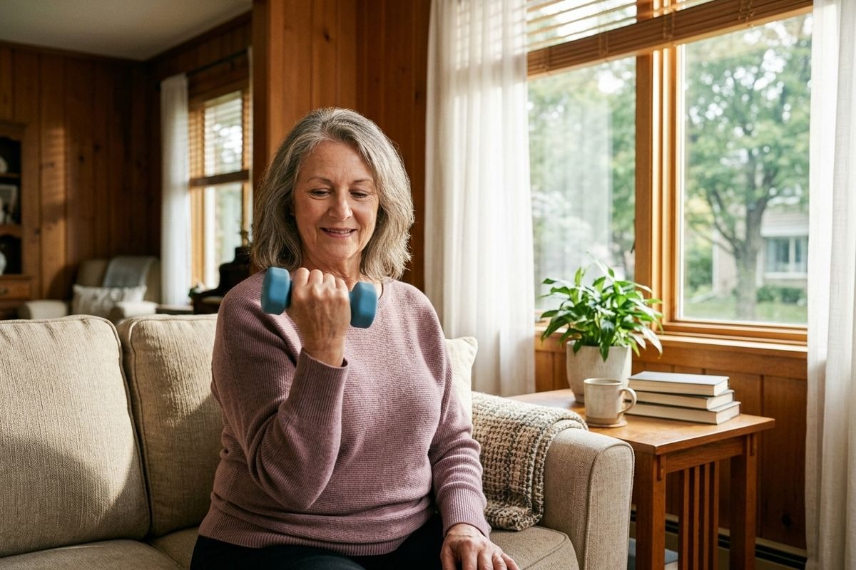 An older adult sits on a couch lifting a blue dumbbell, smiling, in a sunlit wood-paneled living room.