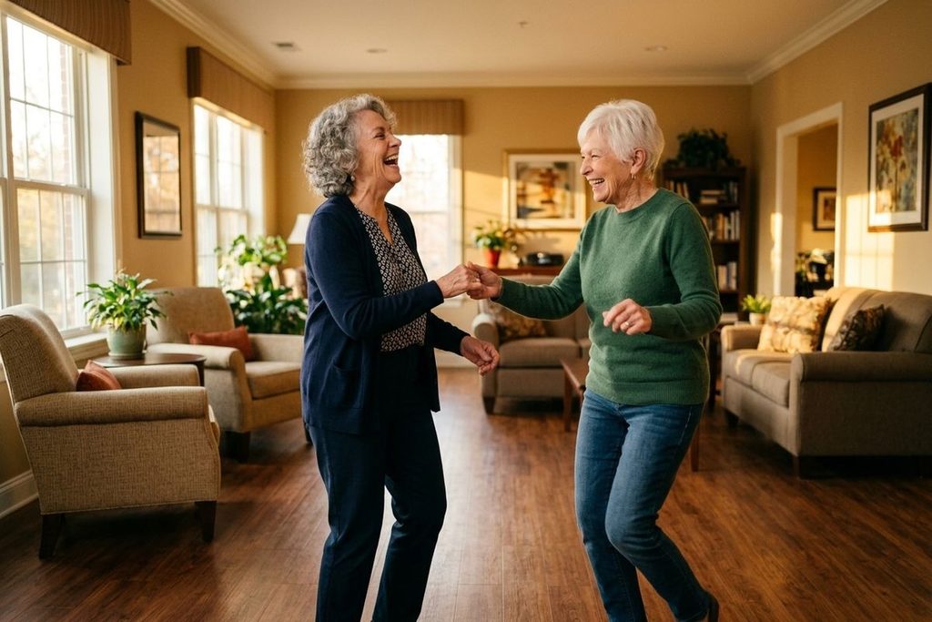 Two older adults hold hands while dancing and laughing in a bright room.